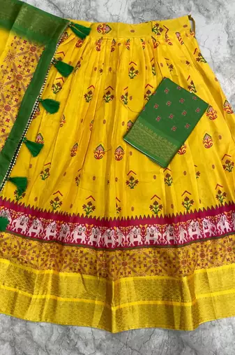 Mustard Yellow & Parrot Green Cotton Silk Lehenga Set with Traditional Print and Zari Weaving Border For Women's