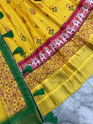 Mustard Yellow & Parrot Green Cotton Silk Lehenga Set with Traditional Print and Zari Weaving Border For Women's 4
