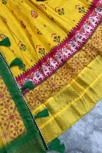 Mustard Yellow & Parrot Green Cotton Silk Lehenga Set with Traditional Print and Zari Weaving Border For Women's