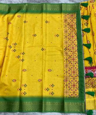 Mustard Yellow & Parrot Green Cotton Silk Lehenga Set with Traditional Print and Zari Weaving Border For Women's 5