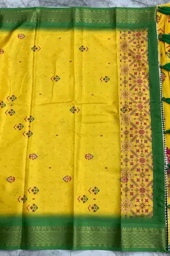 Mustard Yellow & Parrot Green Cotton Silk Lehenga Set with Traditional Print and Zari Weaving Border For Women's