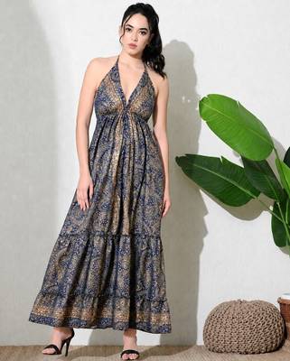 women's printed halter neck anarkali maxi dress , printed poly muslin 1