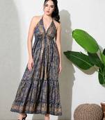 women's printed halter neck anarkali maxi dress , printed poly muslin