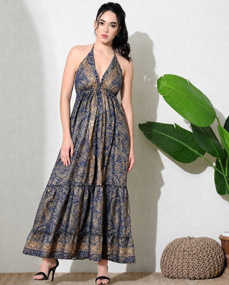women's printed halter neck anarkali maxi dress , printed poly muslin