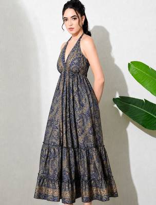 women's printed halter neck anarkali maxi dress , printed poly muslin 3