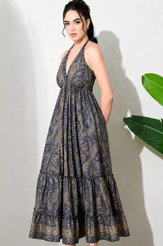 women's printed halter neck anarkali maxi dress , printed poly muslin