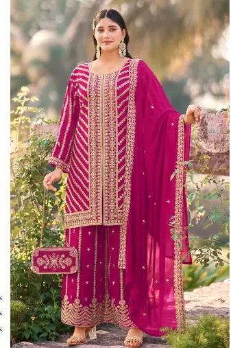 Pink real georgette wedding suits with matching purse full stitched sharara suits free size upto 44