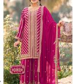 Pink real georgette wedding suits with matching purse full stitched sharara suits free size upto 44