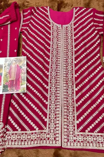 Pink real georgette wedding suits with matching purse full stitched sharara suits free size upto 44