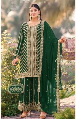 Dark green real georgette wedding suits with matching purse full stitched sharara suits free size upto 44 1