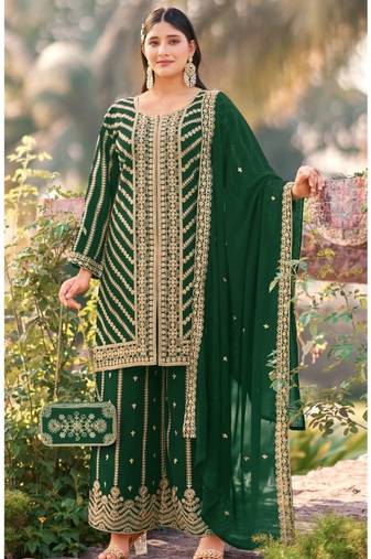 Dark green real georgette wedding suits with matching purse full stitched sharara suits free size upto 44