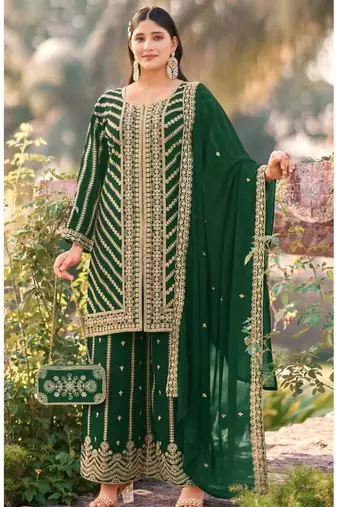 Dark green real georgette wedding suits with matching purse full stitched sharara suits free size upto 44