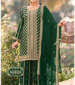 Dark green real georgette wedding suits with matching purse full stitched sharara suits free size upto 44