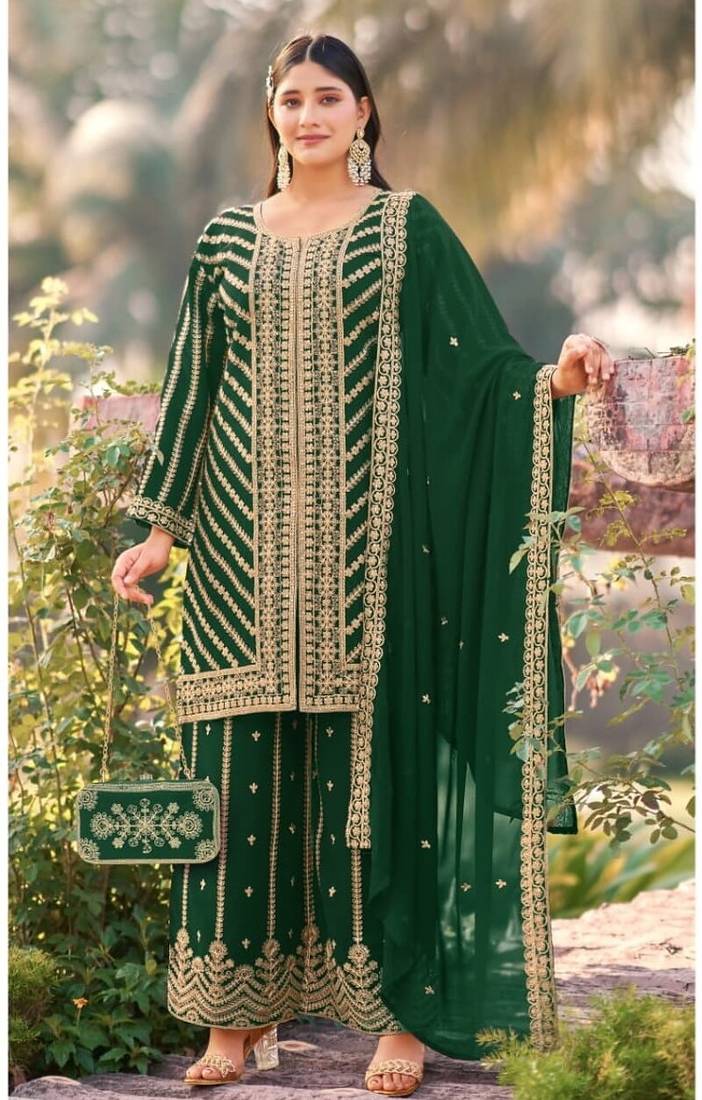 Dark green real georgette wedding suits with matching purse full stitched sharara suits free size upto 44