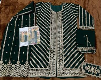Dark green real georgette wedding suits with matching purse full stitched sharara suits free size upto 44 2