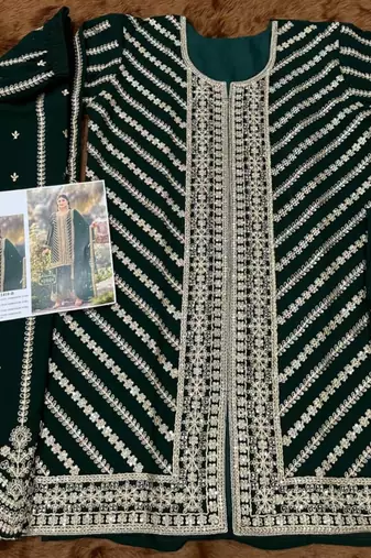 Dark green real georgette wedding suits with matching purse full stitched sharara suits free size upto 44