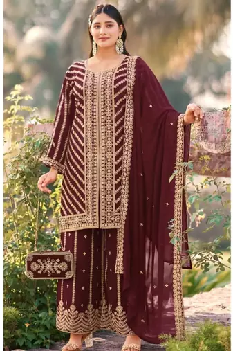 Wine  real georgette wedding collection full stitched sharara suits free size upto 42