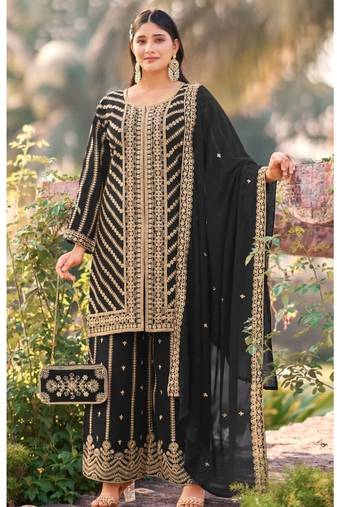 Black real georgette wedding collection full stitched sharara suits free size upto 42
