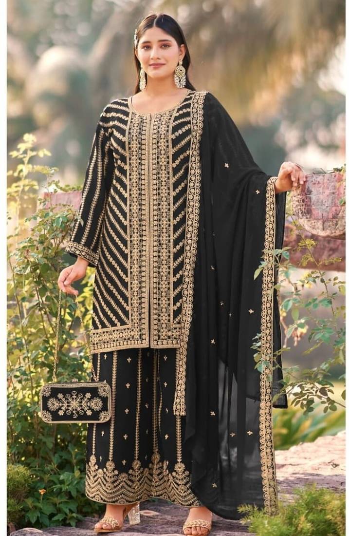 Black real georgette wedding collection full stitched sharara suits free size upto 42