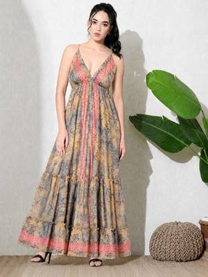 Multicolor paisley printed georgette strappy v-neck flared maxi dress for women , printed poly muslin 1