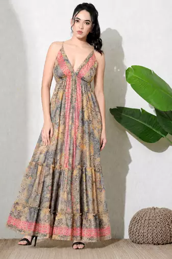 Multicolor paisley printed georgette strappy v-neck flared maxi dress for women , printed poly muslin