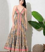Multicolor paisley printed georgette strappy v-neck flared maxi dress for women ,  printed poly muslin
