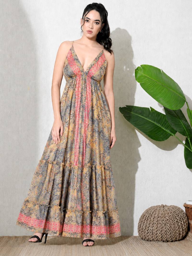 Multicolor paisley printed georgette strappy v-neck flared maxi dress for women ,  printed poly muslin