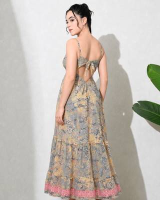 Multicolor paisley printed georgette strappy v-neck flared maxi dress for women , printed poly muslin 2