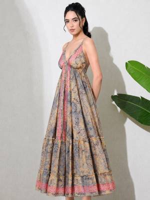 Multicolor paisley printed georgette strappy v-neck flared maxi dress for women , printed poly muslin 3