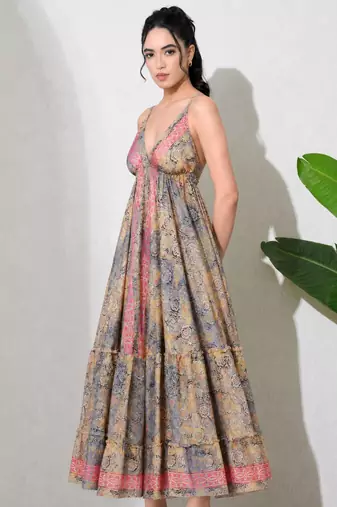 Multicolor paisley printed georgette strappy v-neck flared maxi dress for women , printed poly muslin