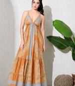 Multicolor paisley printed georgette strappy v-neck flared maxi dress for women ,  printed poly muslin