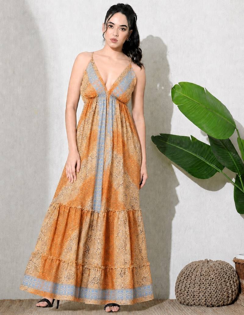 Multicolor paisley printed georgette strappy v-neck flared maxi dress for women ,  printed poly muslin