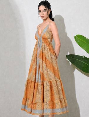 Multicolor paisley printed georgette strappy v-neck flared maxi dress for women , printed poly muslin 3