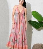 Multicolor paisley printed georgette strappy v-neck flared maxi dress for women ,  printed poly muslin