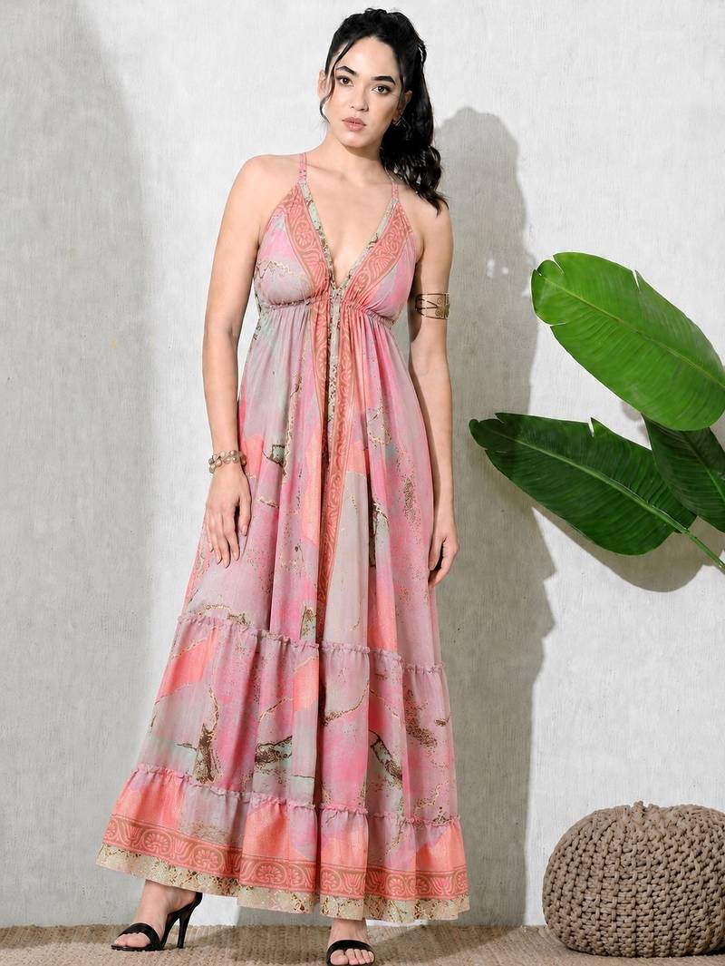 Multicolor paisley printed georgette strappy v-neck flared maxi dress for women ,  printed poly muslin