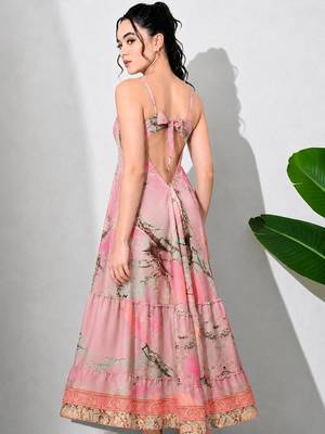 Multicolor paisley printed georgette strappy v-neck flared maxi dress for women , printed poly muslin 2