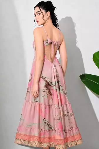Multicolor paisley printed georgette strappy v-neck flared maxi dress for women , printed poly muslin