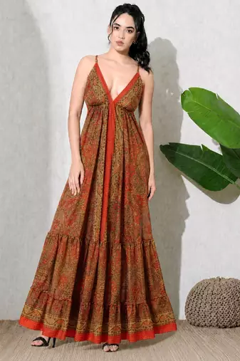 Multicolor paisley printed georgette strappy v-neck flared maxi dress for women , printed poly muslin