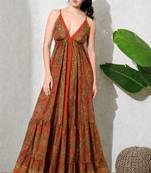 Multicolor paisley printed georgette strappy v-neck flared maxi dress for women ,  printed poly muslin