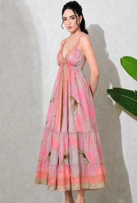 Multicolor paisley printed georgette strappy v-neck flared maxi dress for women , printed poly muslin 3
