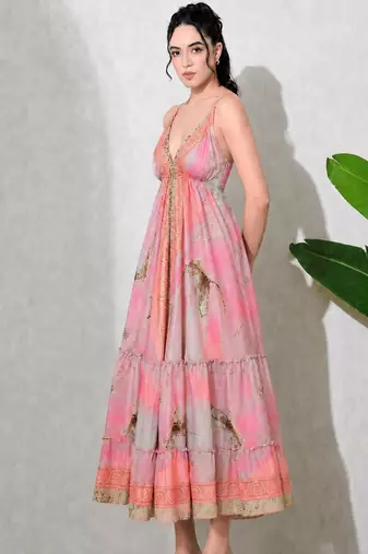 Multicolor paisley printed georgette strappy v-neck flared maxi dress for women , printed poly muslin