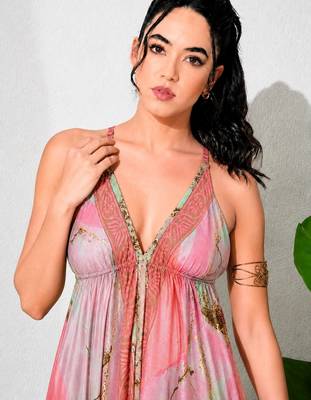 Multicolor paisley printed georgette strappy v-neck flared maxi dress for women , printed poly muslin 4