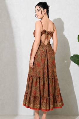 Multicolor paisley printed georgette strappy v-neck flared maxi dress for women , printed poly muslin 2