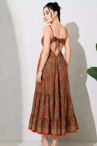 Multicolor paisley printed georgette strappy v-neck flared maxi dress for women , printed poly muslin
