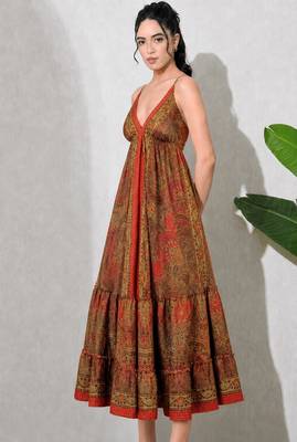 Multicolor paisley printed georgette strappy v-neck flared maxi dress for women , printed poly muslin 3