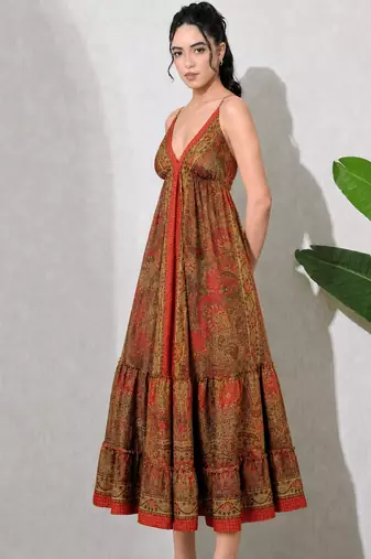 Multicolor paisley printed georgette strappy v-neck flared maxi dress for women , printed poly muslin