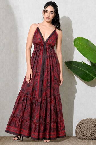 Multicolor paisley printed georgette strappy v-neck flared maxi dress for women ,  printed poly muslin