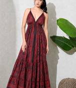 Multicolor paisley printed georgette strappy v-neck flared maxi dress for women ,  printed poly muslin