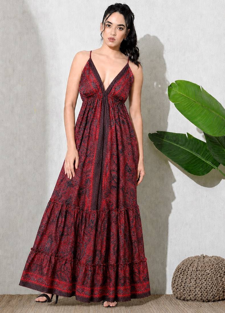 Multicolor paisley printed georgette strappy v-neck flared maxi dress for women ,  printed poly muslin
