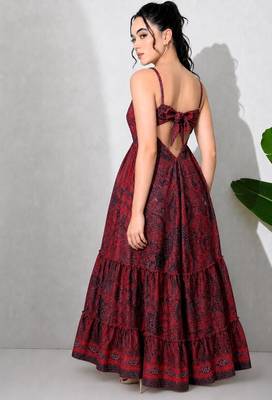 Multicolor paisley printed georgette strappy v-neck flared maxi dress for women , printed poly muslin 2
